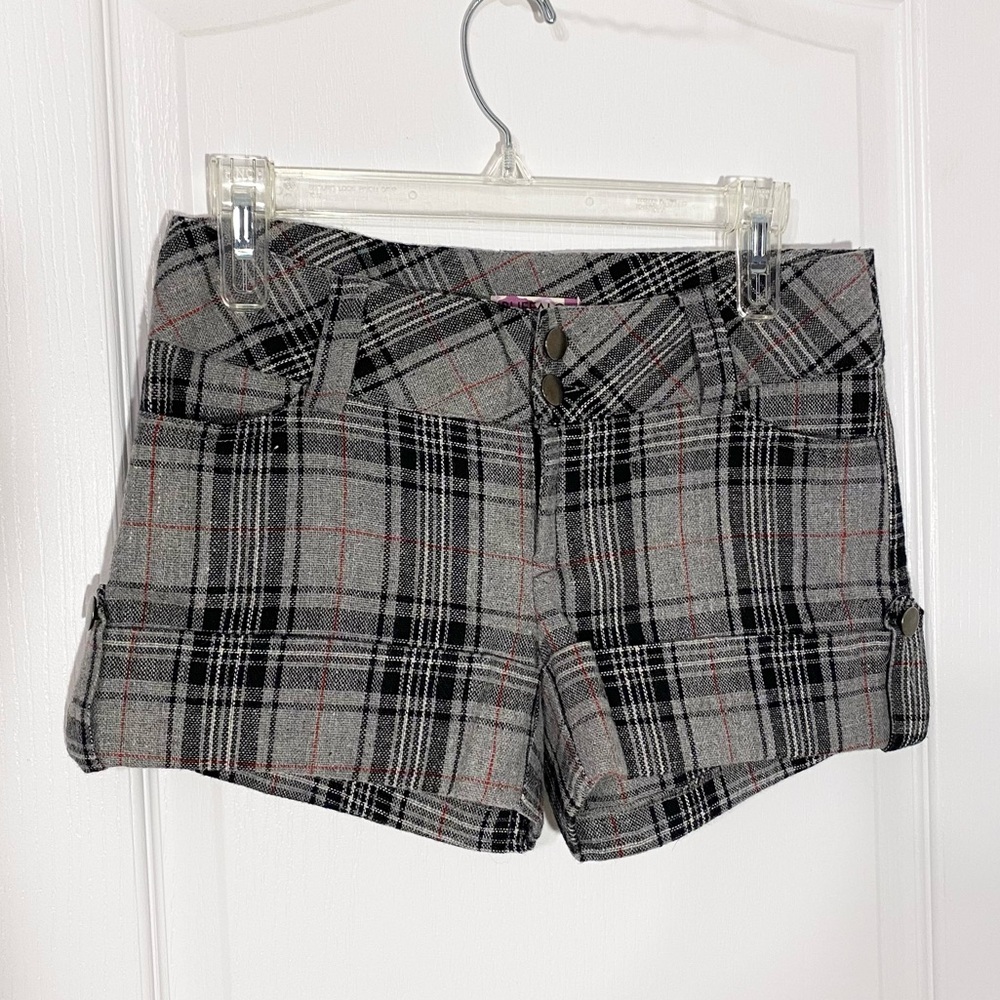 Y2K Buffalo Plaid Wool Blend Low Waist Cuffed Shorts Vintage Gray 26